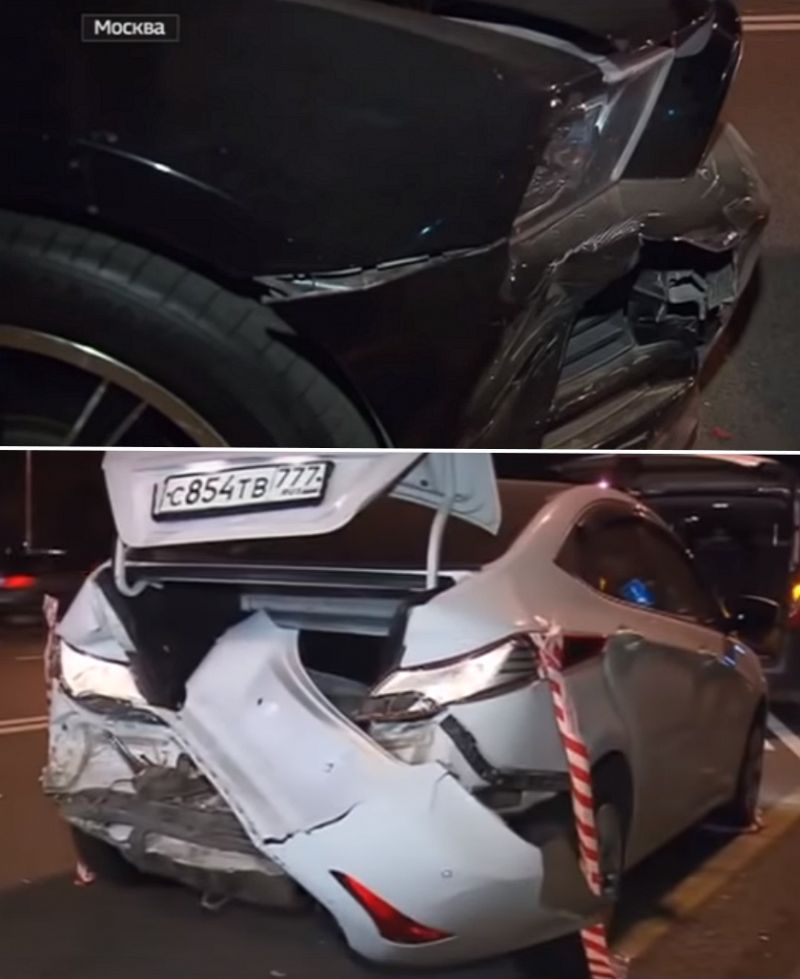 Повреждения на машине Билана (сверху) и на пострадавшей машине. Кадры новостного сюжета телеканала «Россия 24»