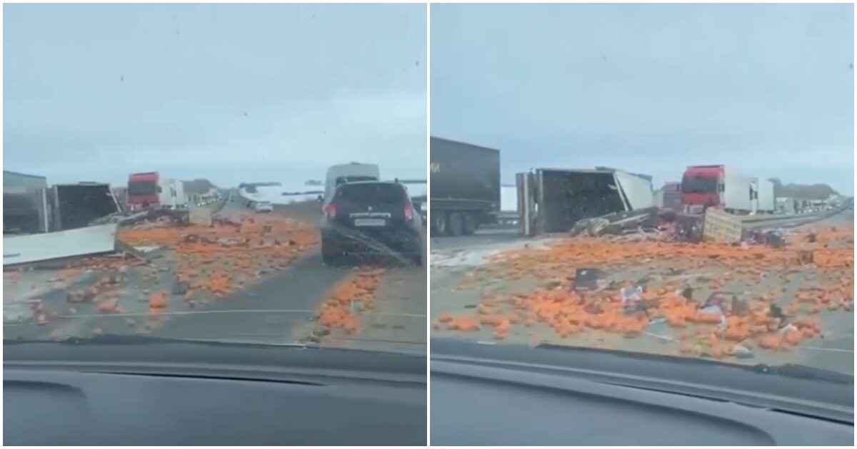 В Челябинской области на трассе перевернулась фура с мандаринами (ВИДЕО)