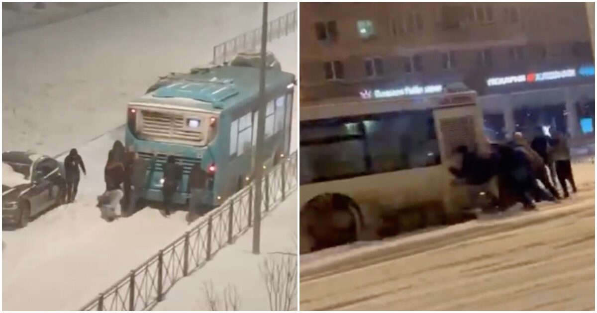 Петербуржцам пришлось выталкивать автобусы из сугробов