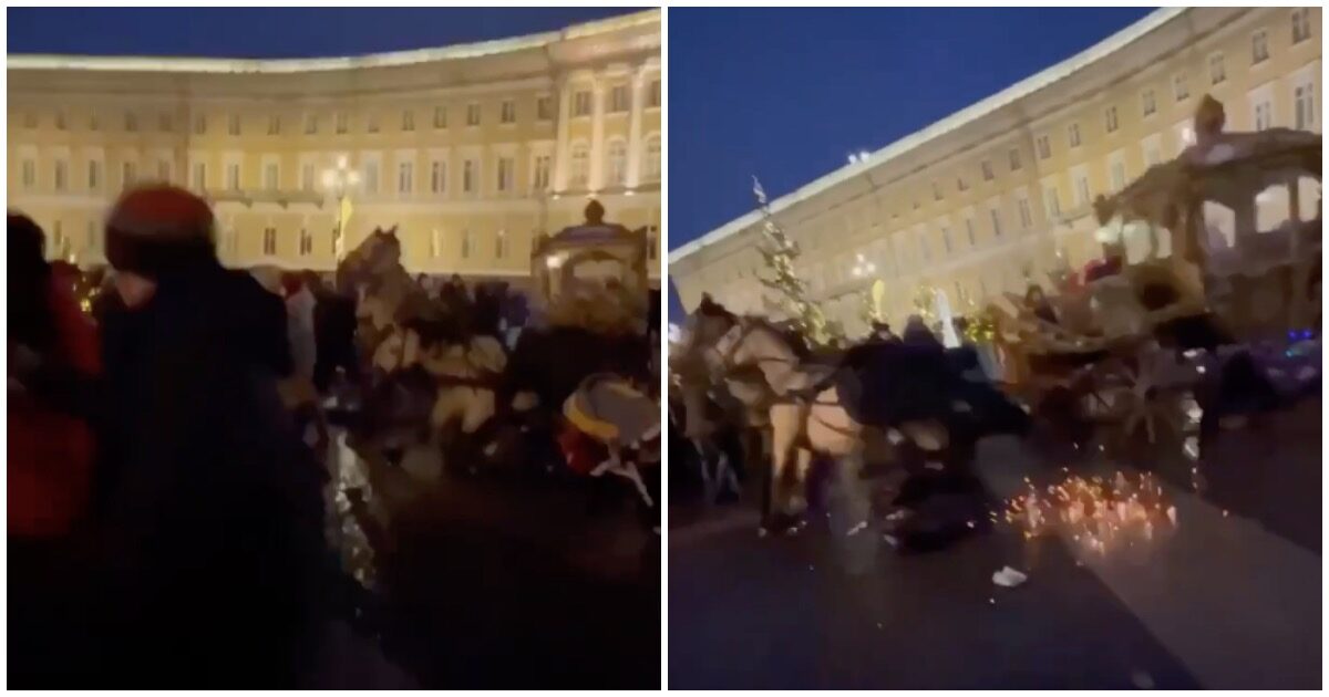 Запряженная в карету лошадь врезалась в толпу на Дворцовой площади (ВИДЕО) Запряженная в карету лошадь врезалась в толпу на Дворцовой площади (ВИДЕО)