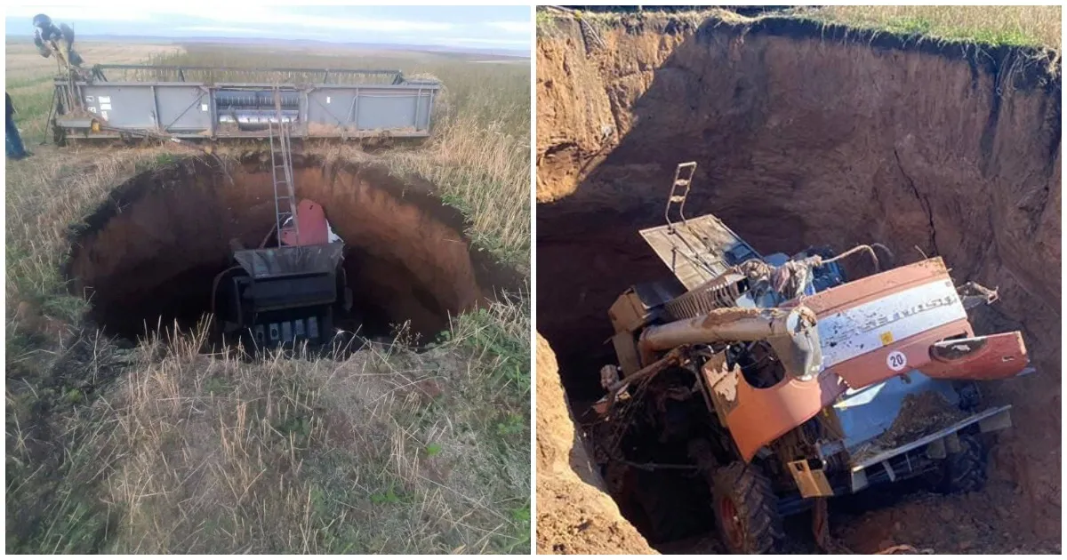 Комбайн провалился под землю во время уборки урожая (ВИДЕО)